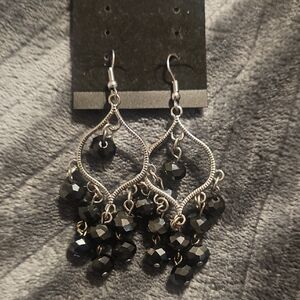 Chandelier Dangle Earrings - Black Beaded Silver-Tone